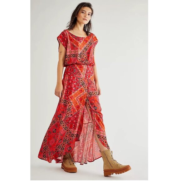 Free People Dresses & Skirts - NWT Free People Blakely Dress Red Combo Printed Maxi Scoop Short Sleeve